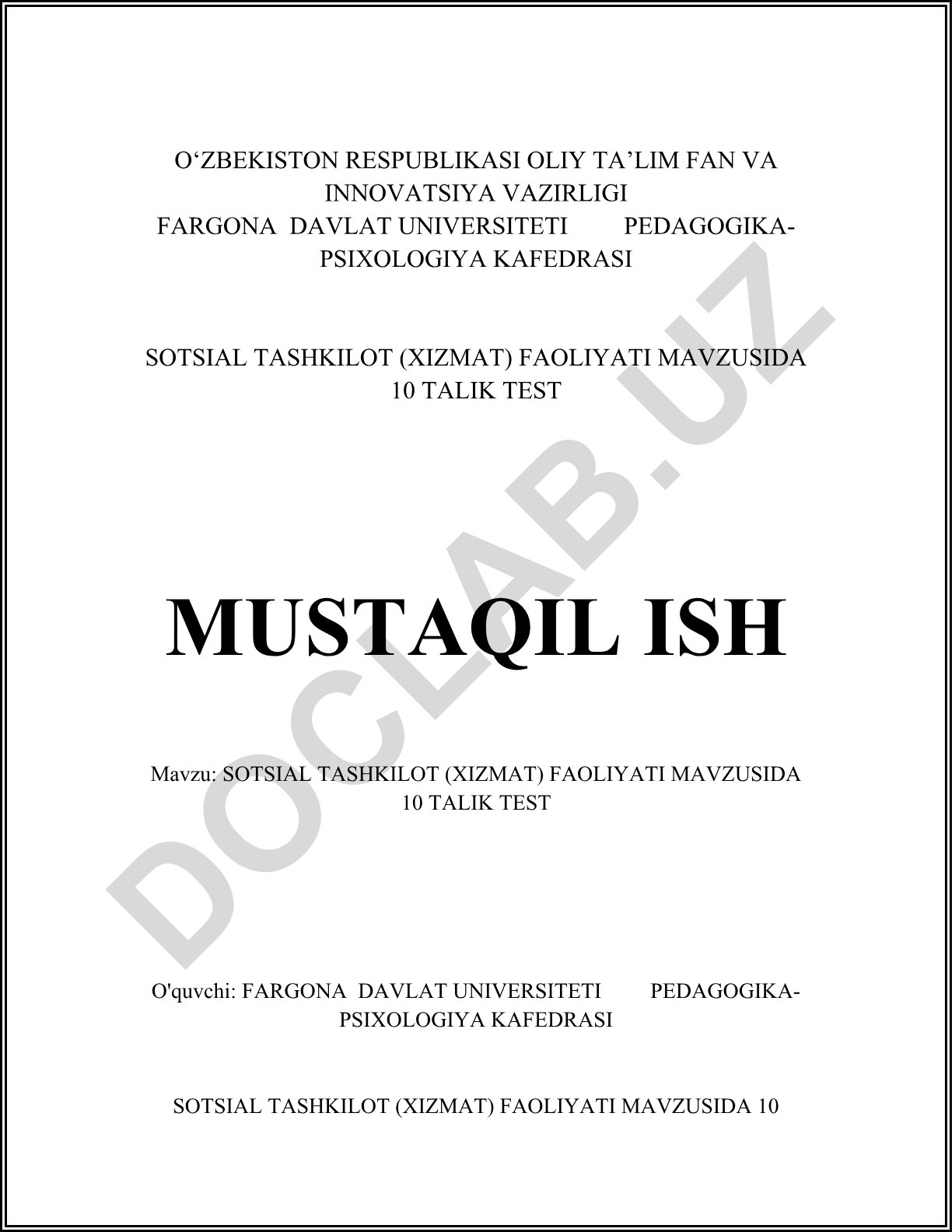 Sotsial tashkilot (xizmat) faoliyati mavzusida 10 talik test