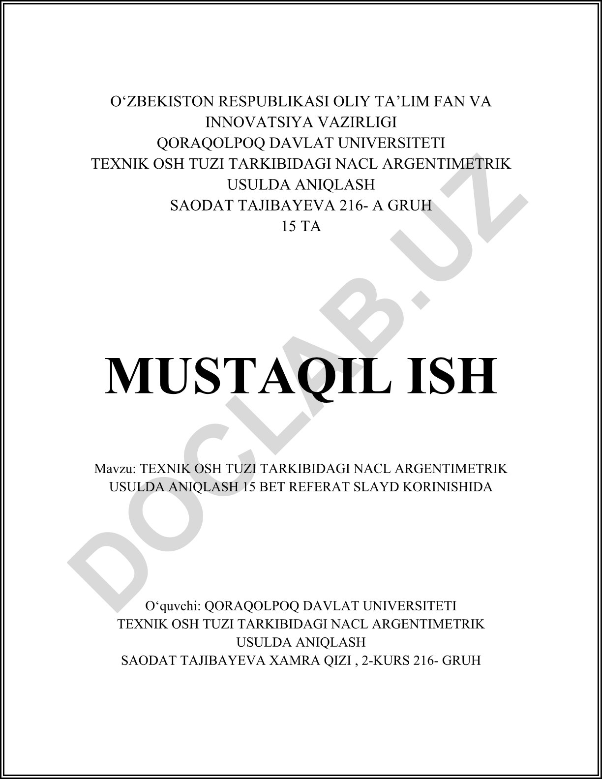 Texnik osh tuzi tarkibidagi NaCl argentimetrik usulda aniqlash