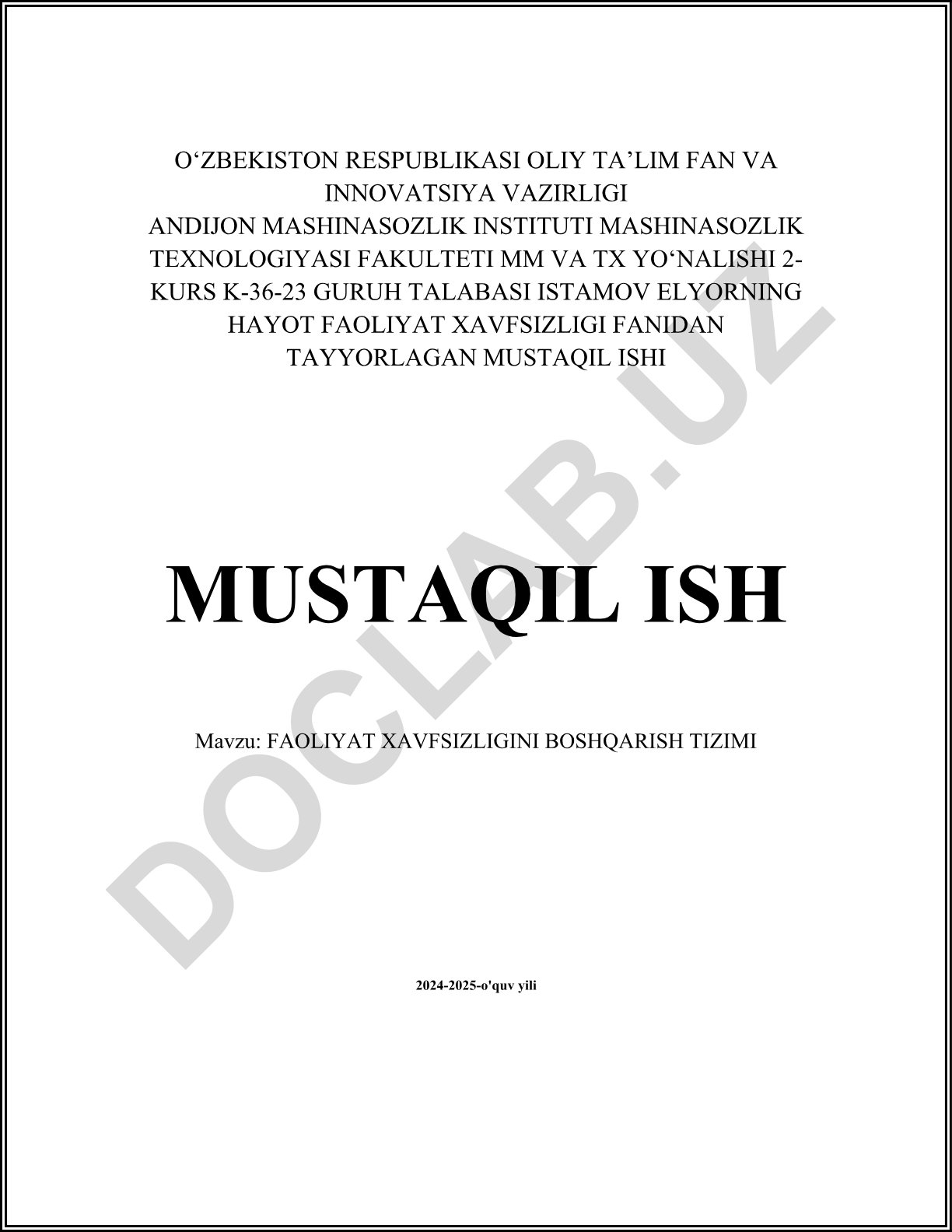 Faoliyat xavfsizligini boshqarish tizimi