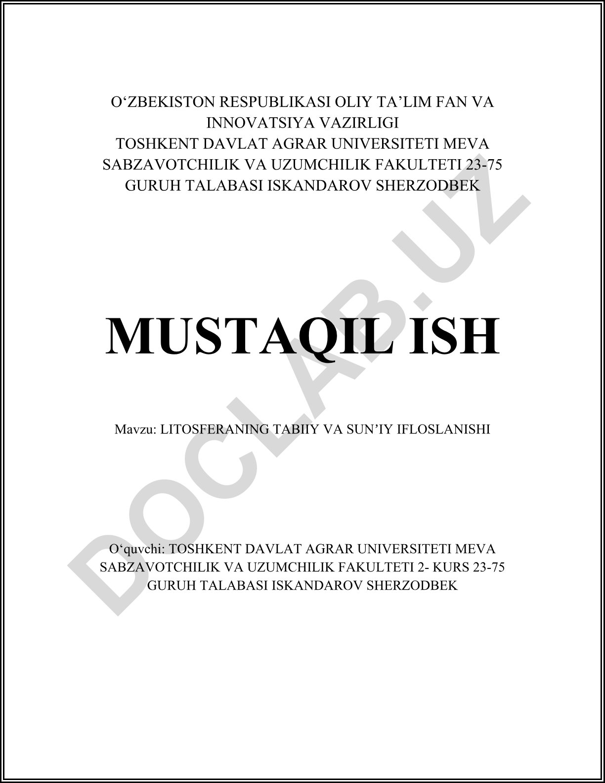 Litosferaning tabiiy va sunʼiy ifloslanishi