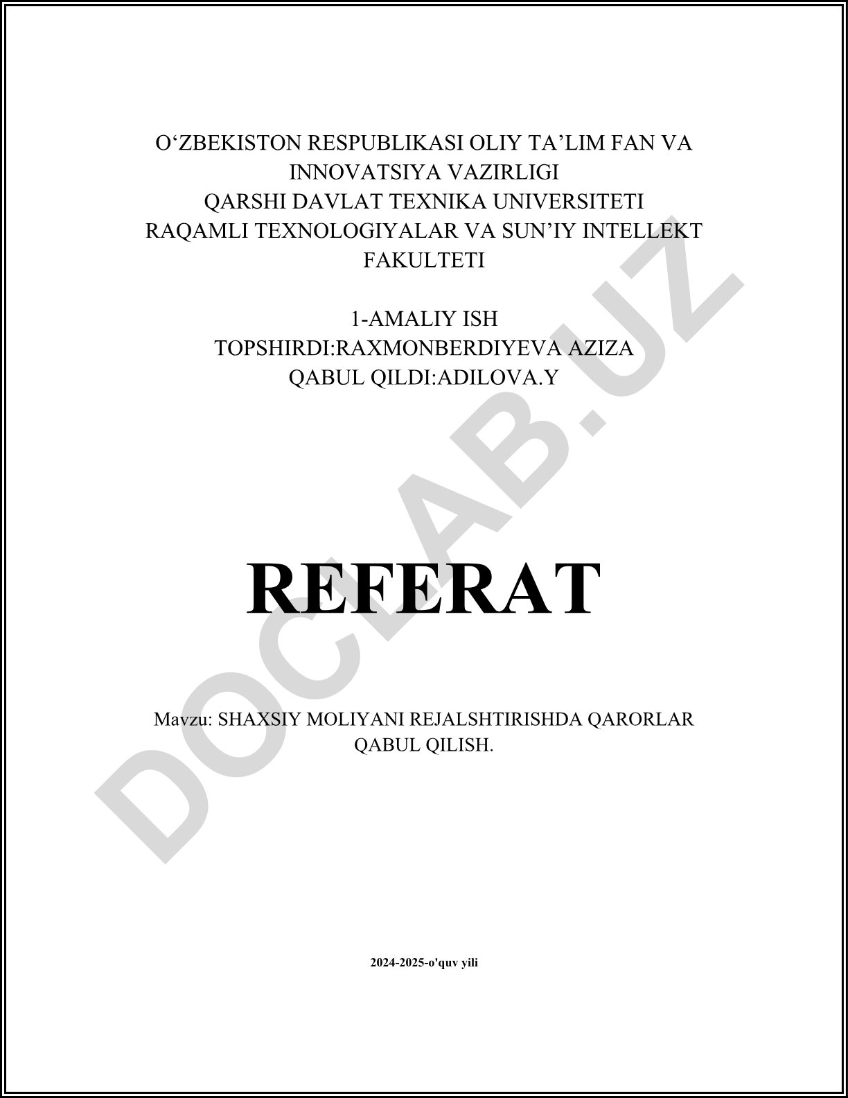 Shaxsiy moliyani rejalashtirishda qarorlar qabul qilish