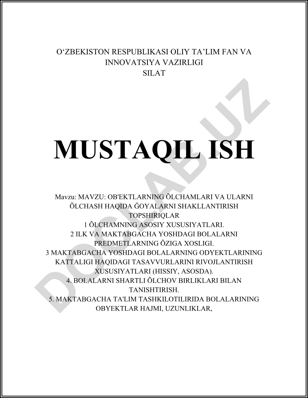 Ob'ektlarning o'lchamlari va ularni o'lchash haqida g'oyalarni shakllantirish