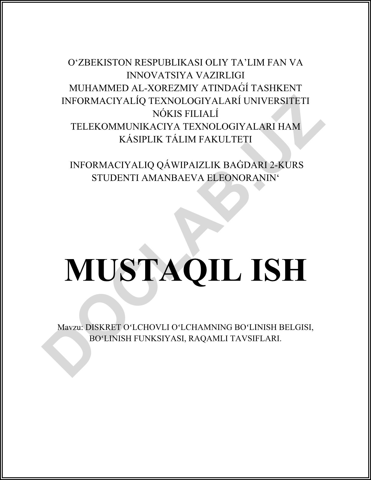 Diskret oʻlchovli oʻlchamning boʻlinish belgisi, boʻlinish funksiyasi, raqamli tavsiflari
