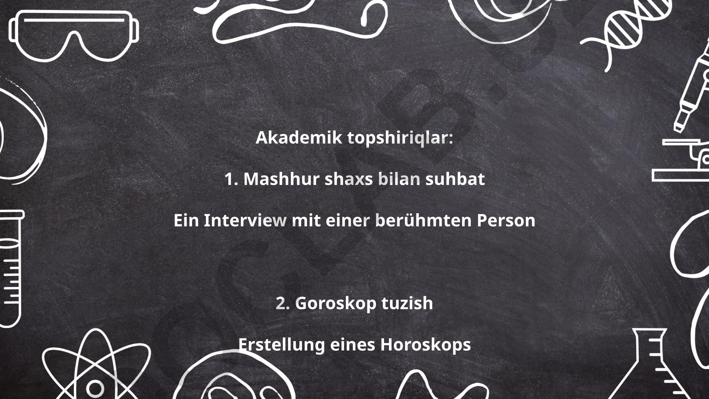 Akademik topshiriqlar: mashhur shaxs bilan suhbat, goroskop, infobroshyura va sayyohlik yo'riqnomasi