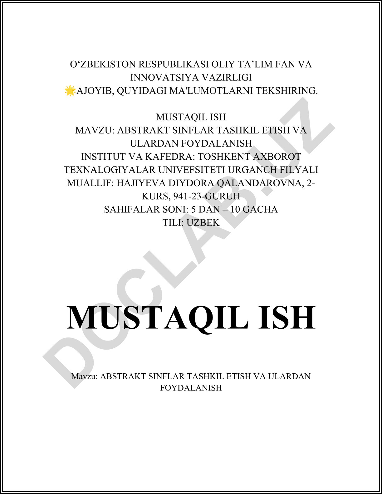 Abstrakt sinflar tashkil etish va ulardan foydalanish