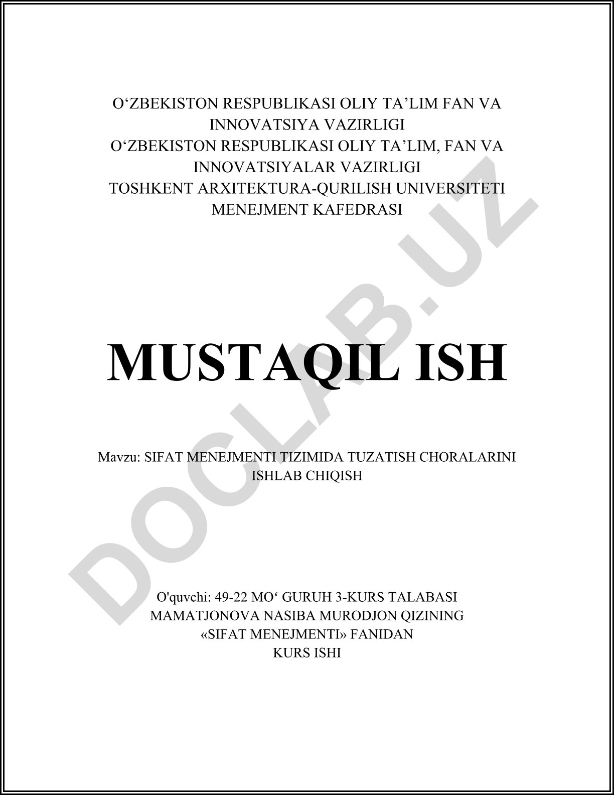 Sifat menejmenti tizimida tuzatish choralarini ishlab chiqish