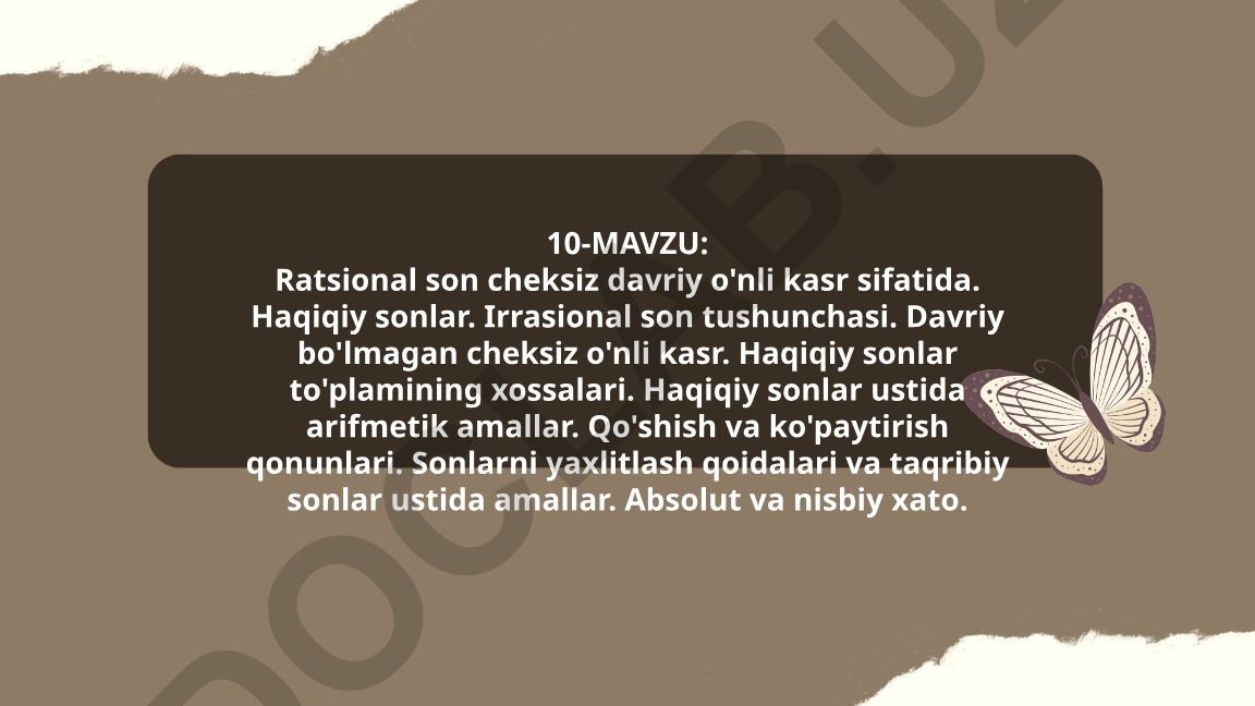 Ratsional son cheksiz davriy o'nli kasr sifatida. Haqiqiy sonlar. Irrasional son tushunchasi