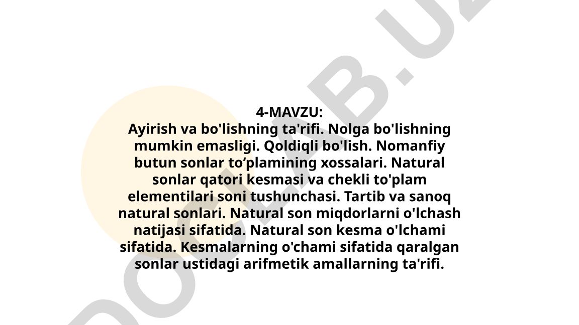 Ayirish va bo'lishning ta'rifi, natural sonlar va ularning xossalari