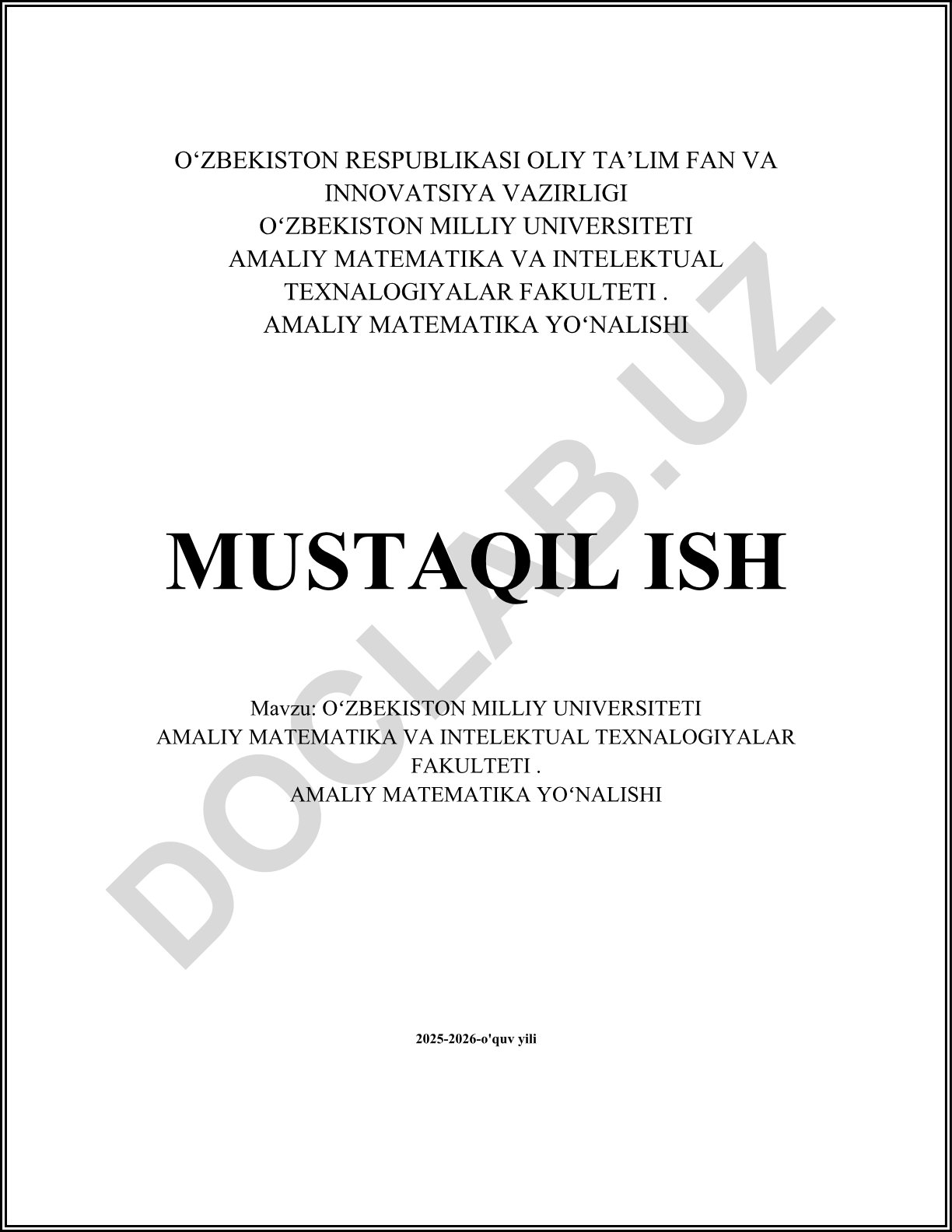 Oʻzbekiston Milliy Universiteti Amaliy Matematika va Intelektual Texnologiyalar Fakulteti Amaliy Matematika yoʻnalishi 2025-2026-o'quv yili rejasi