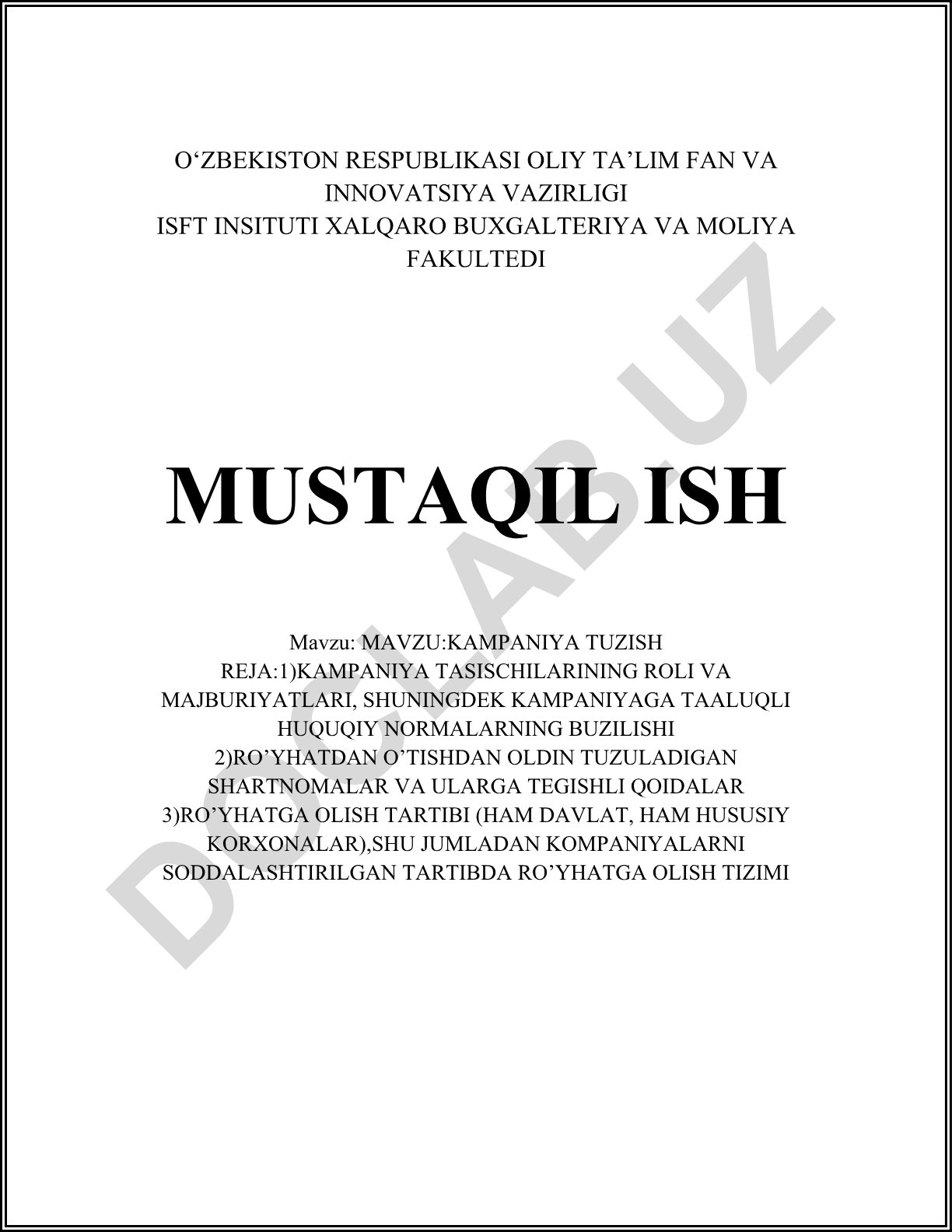 Kompaniya tashkil qilishning huquqiy asoslari va tartiblari