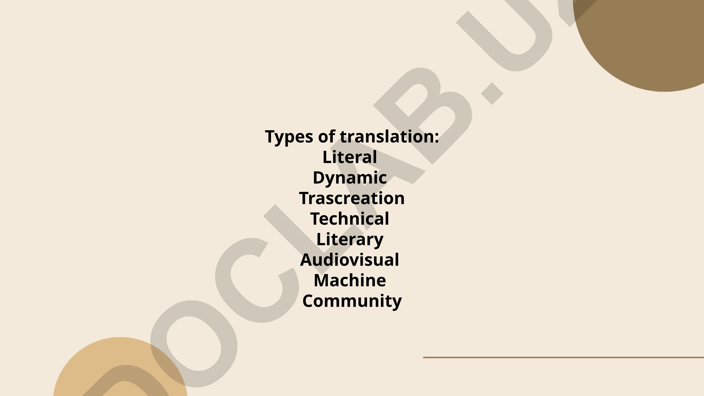Tarjima turlari: Literal, Dynamic, Transcreation, Technical, Literary, Audiovisual, Machine, Community