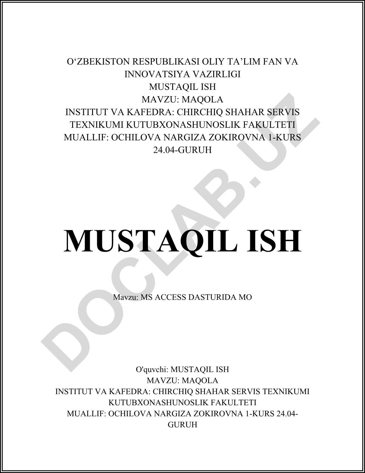 MS Access dasturida ma'lumotlar bazalari yaratish va jadval tuzish