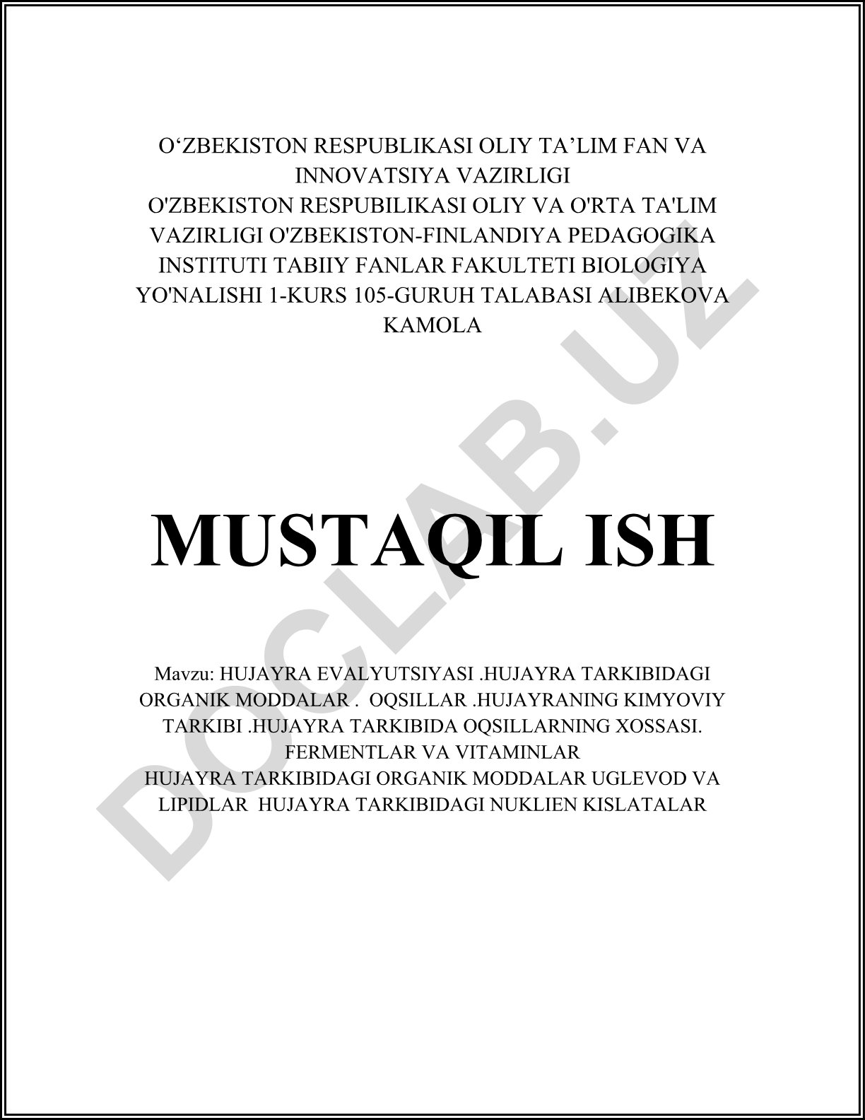 Hujayra evolyutsiyasi va hujayra tarkibidagi organik moddalar