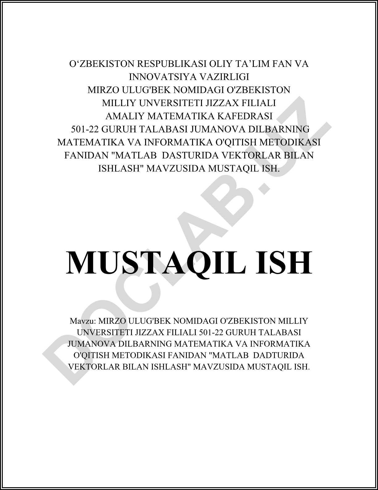 MATLAB dasturida vektorlar bilan ishlash
