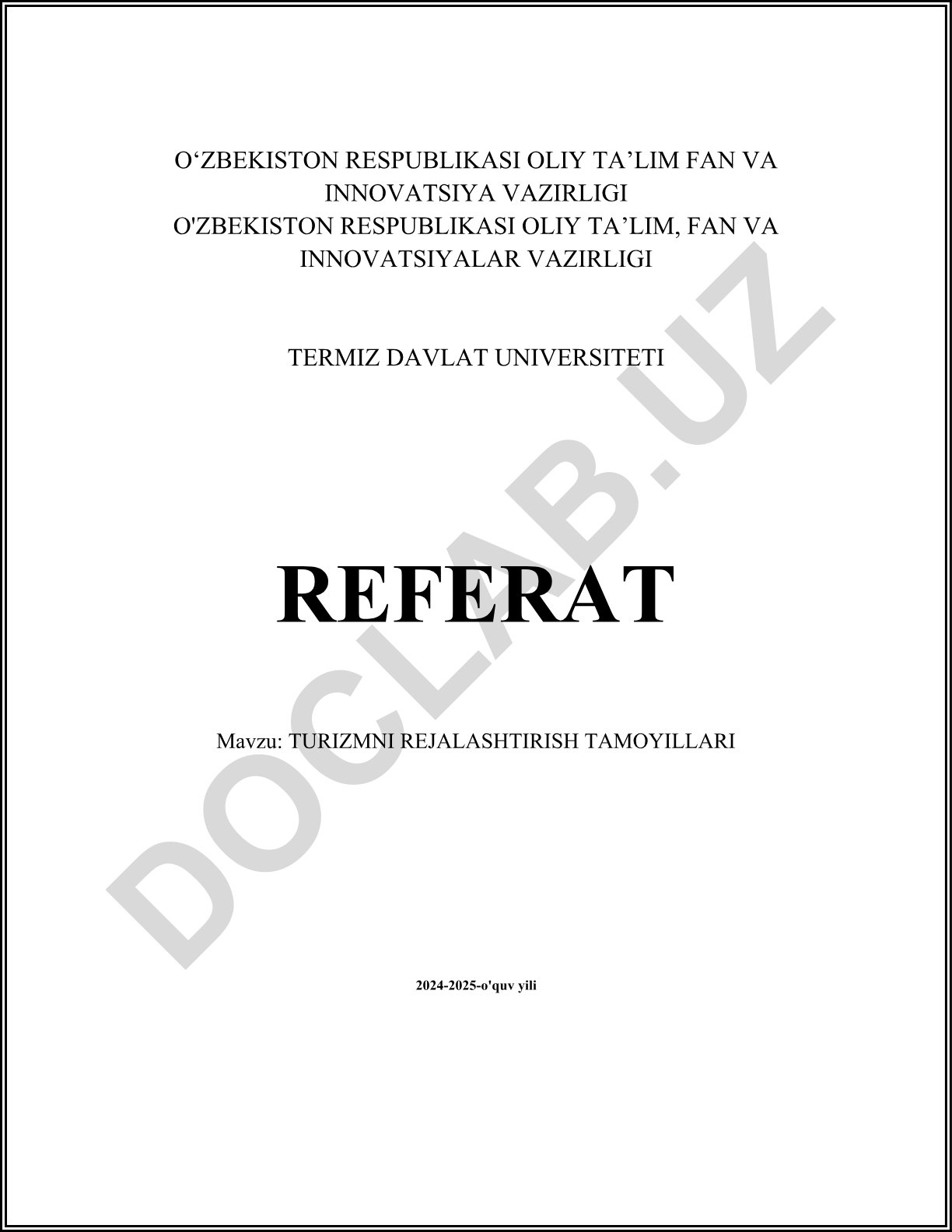 Turizmni rejalashtirish tamoyillari