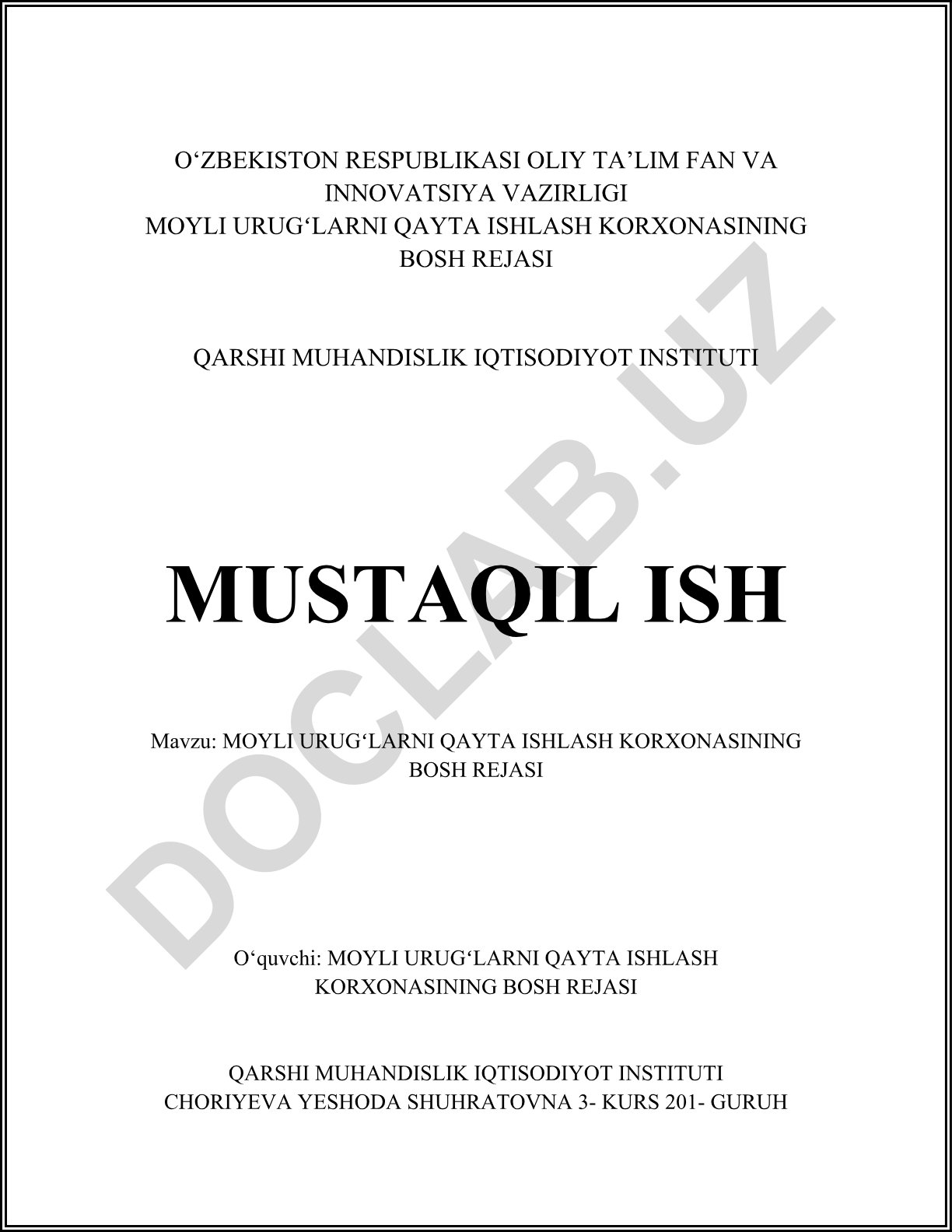 Moyli urugʻlarni qayta ishlash korxonasining bosh rejasi