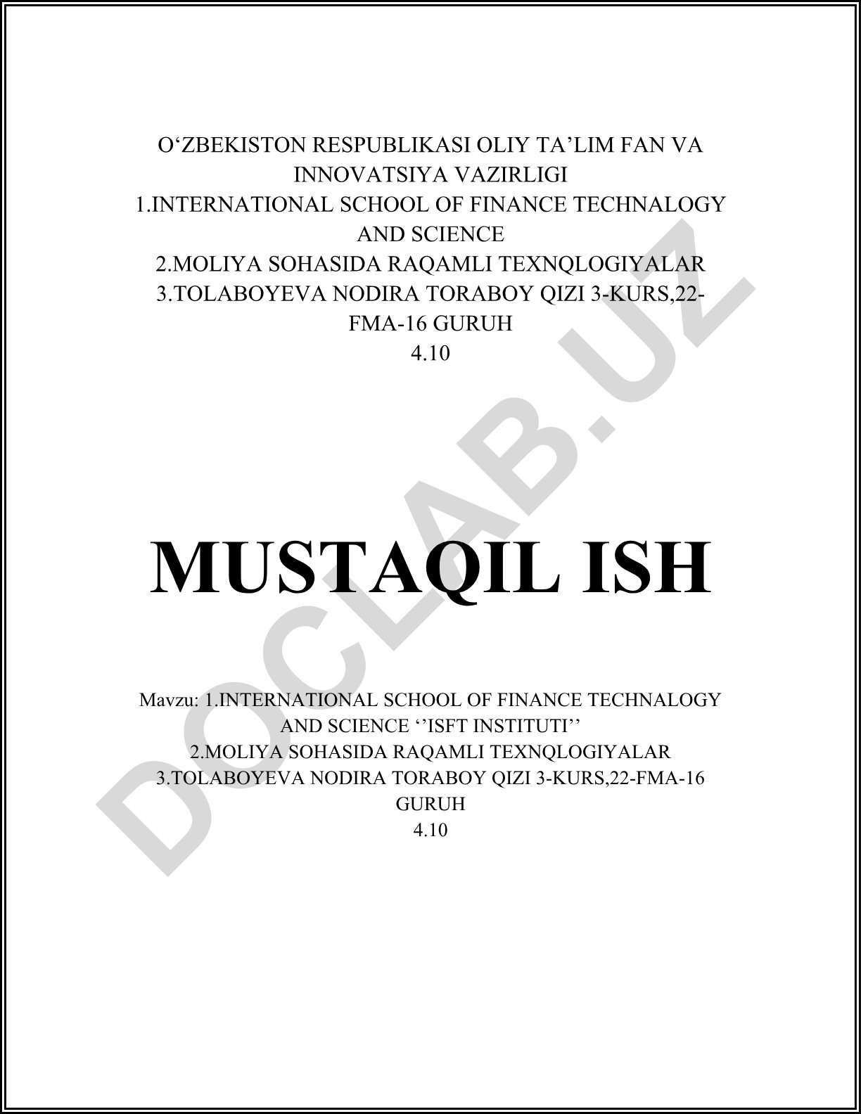 International School of Finance Technology and Science (ISFT) tahlili va moliya sohasida raqamli texnologiyalar