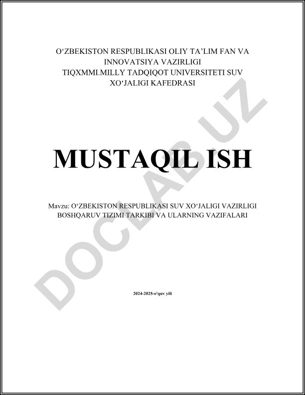 O'zbekiston Respublikasi suv xo'jaligi vazirligi boshqaruv tizimi tarkibi va vazifalari