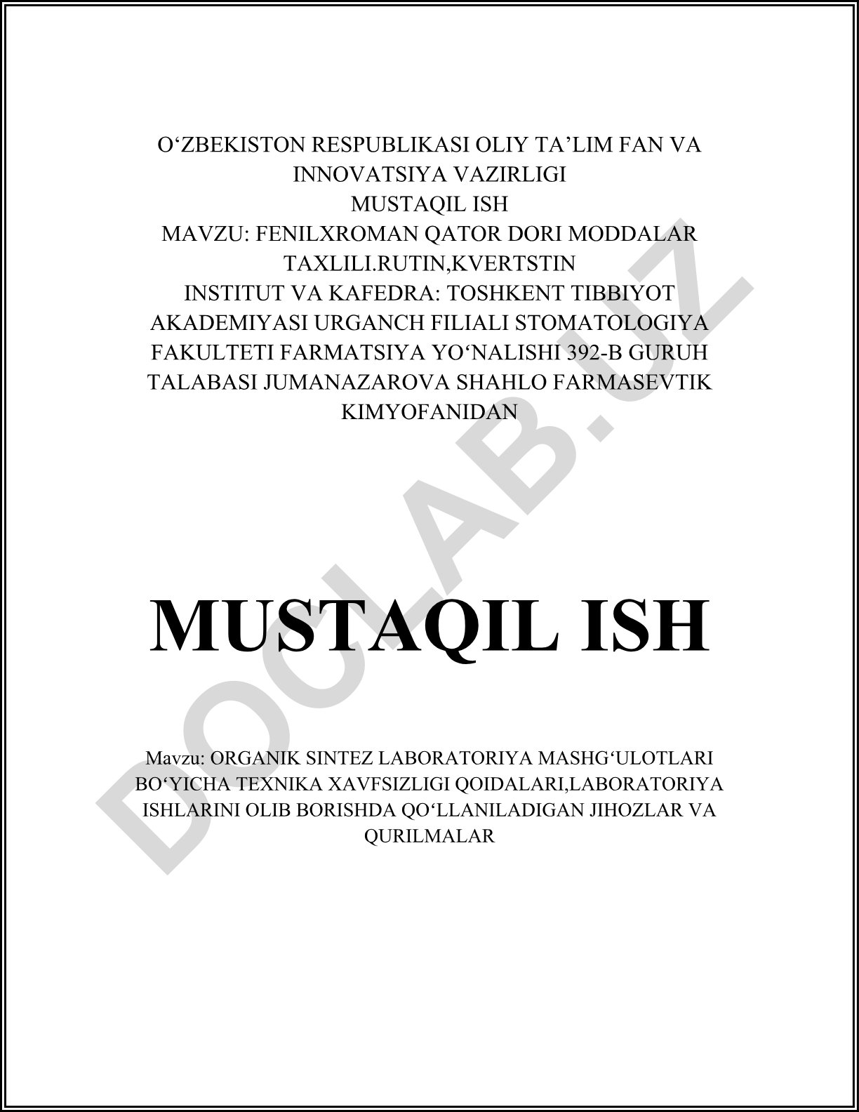 Fenilxroman qatori dori moddalar taxlili va organik sintez laboratoriya mashg'ulotlari texnika xavfsizligi