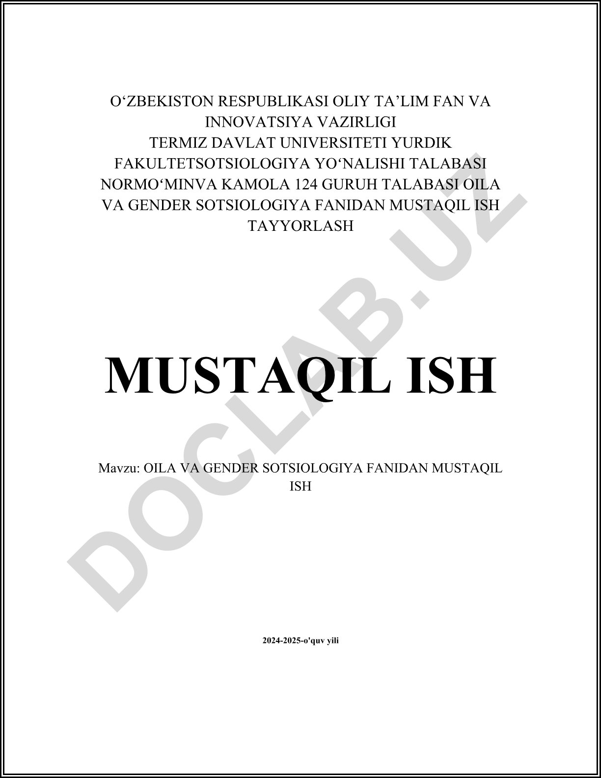 Oila va gender sotsiologiya fanidan mustaqil ish