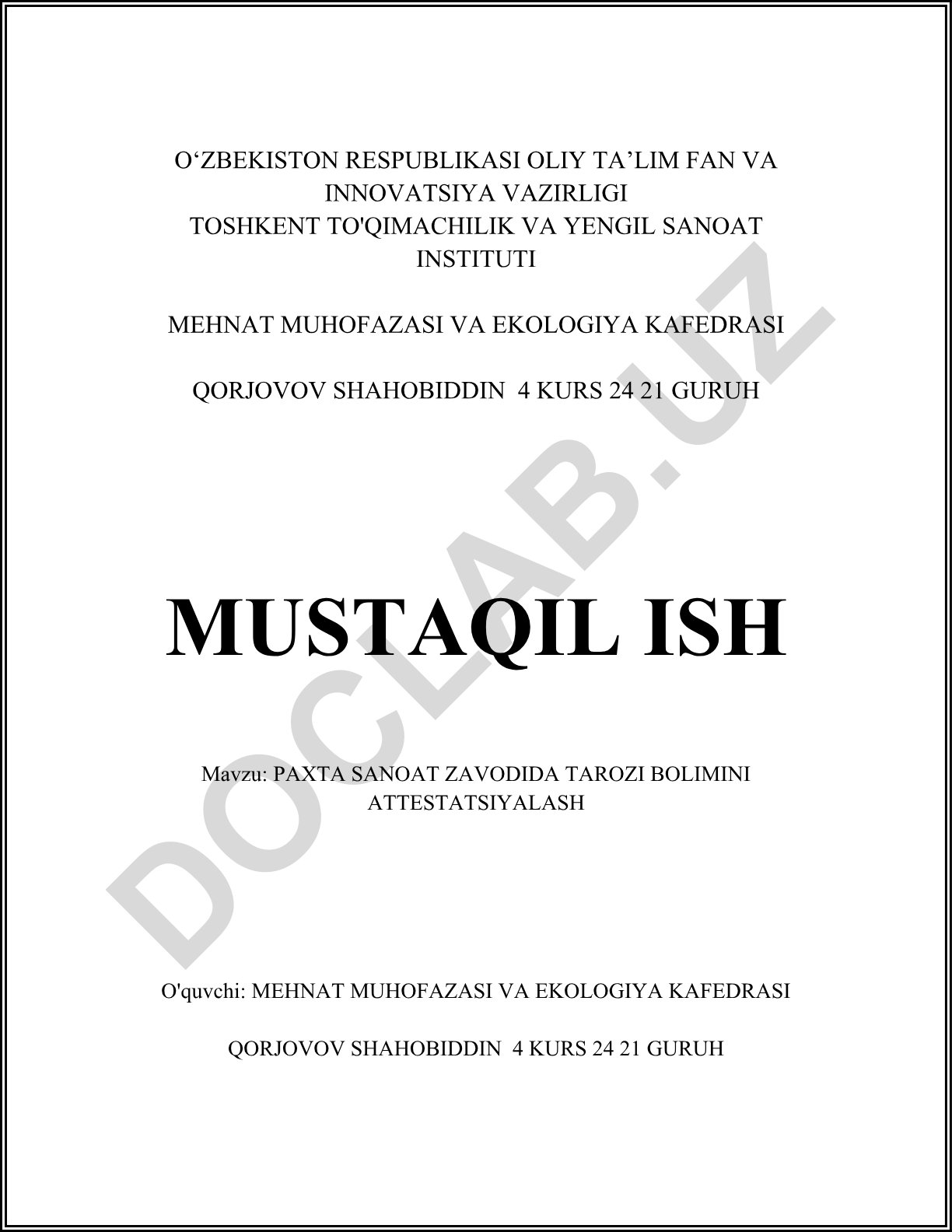 Paxta sanoat zavodida tarozi bo'limini attestatsiyalash