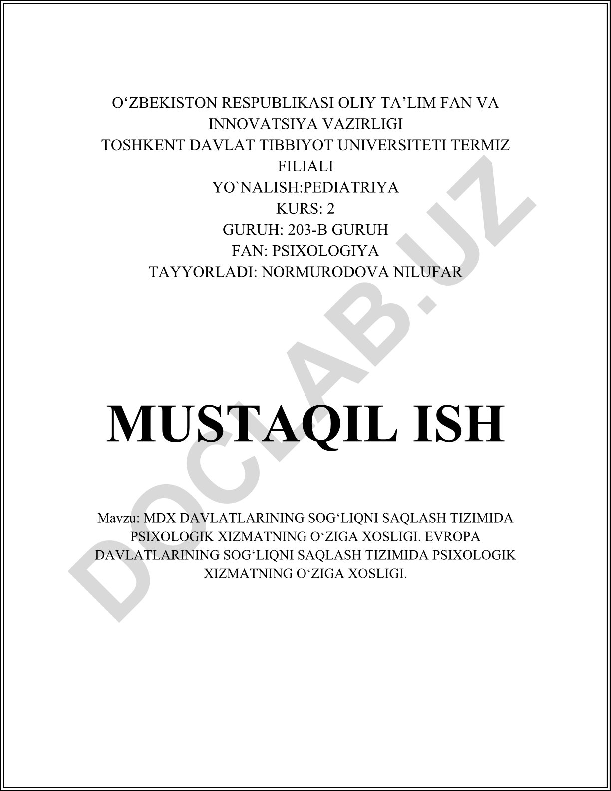 MDX va Evropa davlatlarida sog'liqni saqlash tizimida psixologik xizmatning o'ziga xosligi