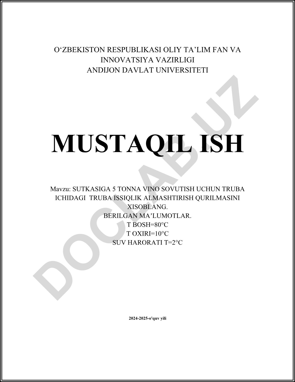 Sutkasiga 5 tonna vino sovutish uchun truba ichidagi truba issiqlik almashtirish qurilmasini xisoblang