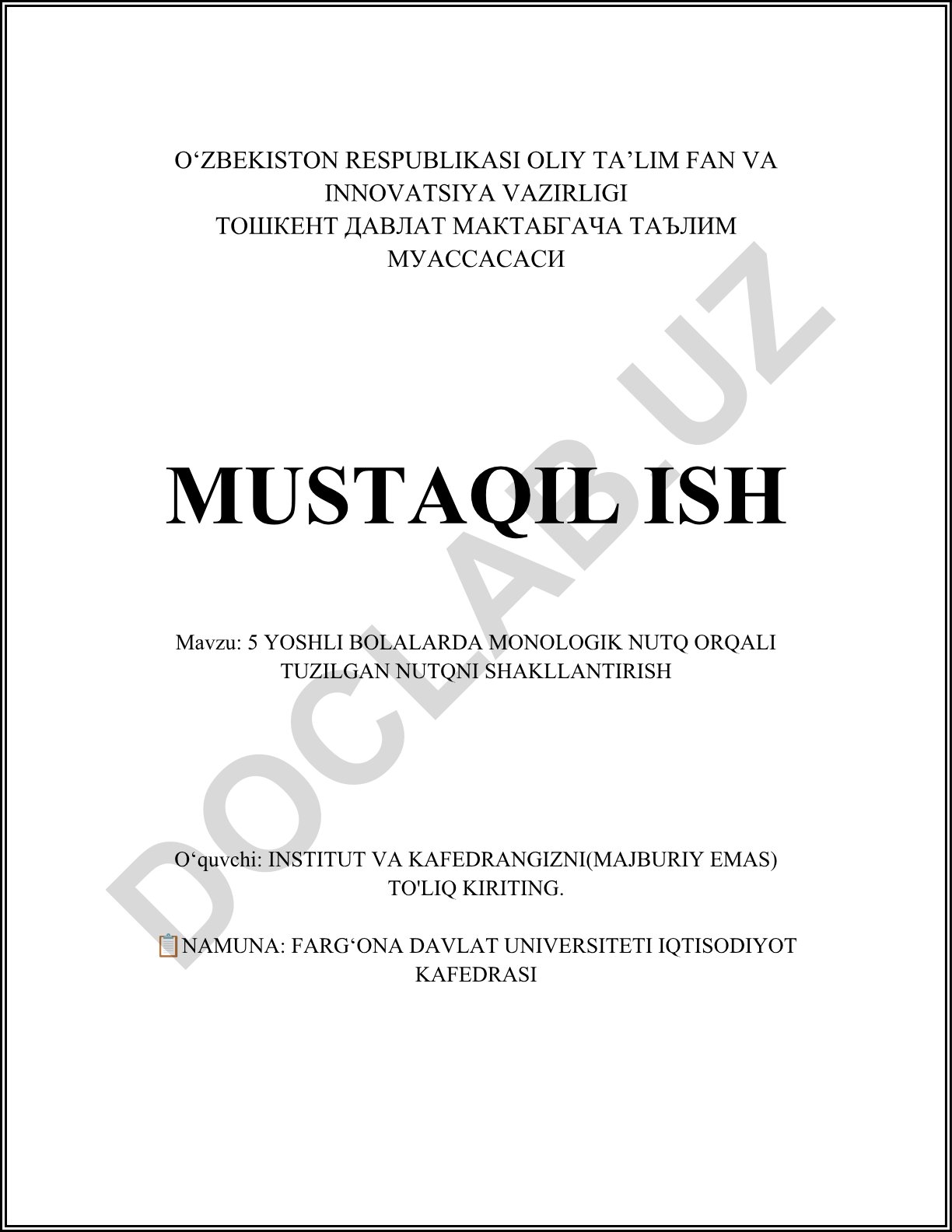 5 yoshli bolalarda monologik nutq orqali tuzilgan nutqni shakllantirish
