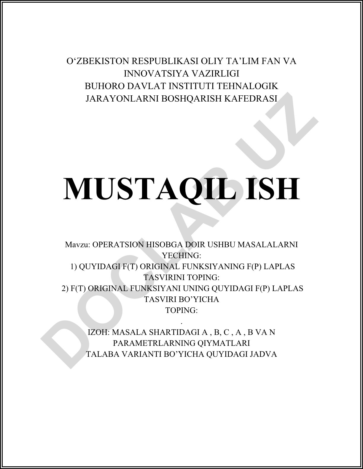 Laplas transformatsiyasi asoslari va qo'llanishi