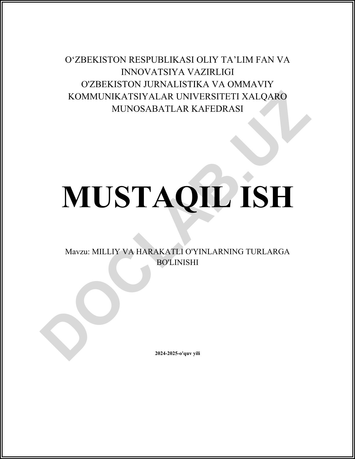 Milliy va harakatli o'yinlarning turlarga bo'linishi