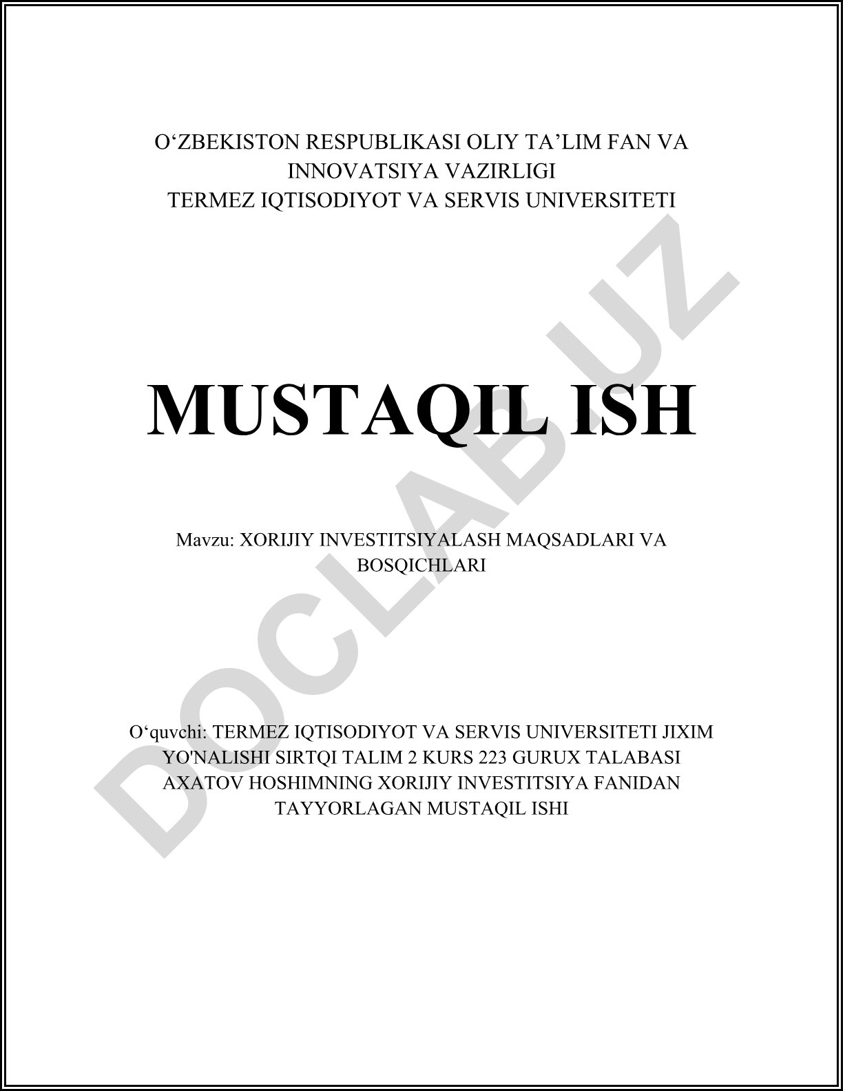 Xorijiy investitsiyalash maqsadlari va bosqichlari