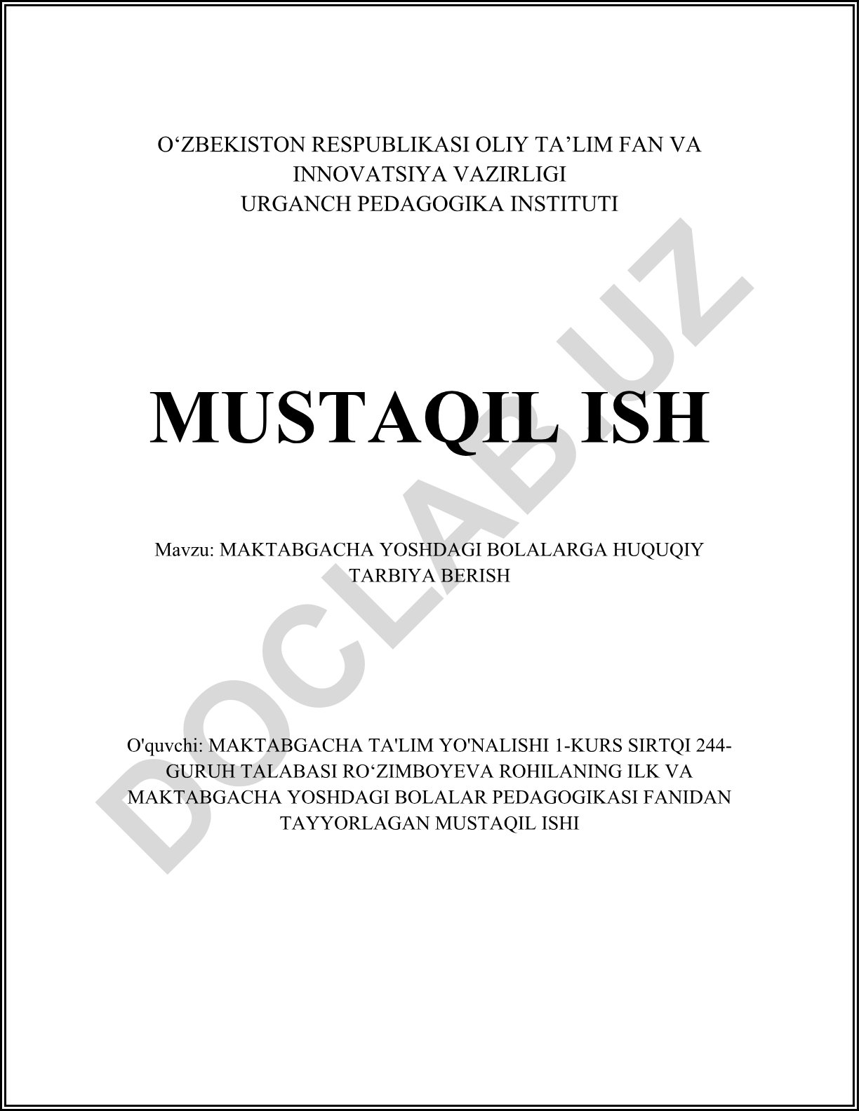 Maktabgacha yoshdagi bolalarga huquqiy tarbiya berish