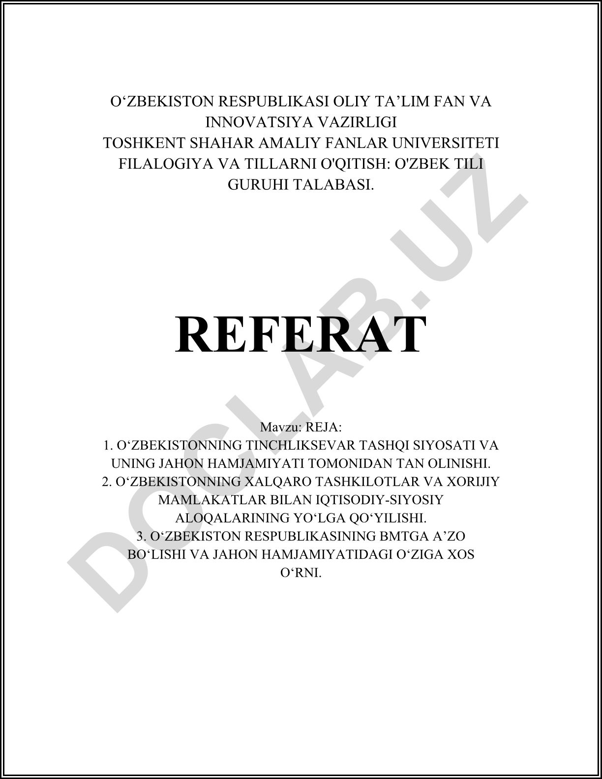 O‘zbekistonning tinchliksevar tashqi siyosati va xalqaro aloqalari