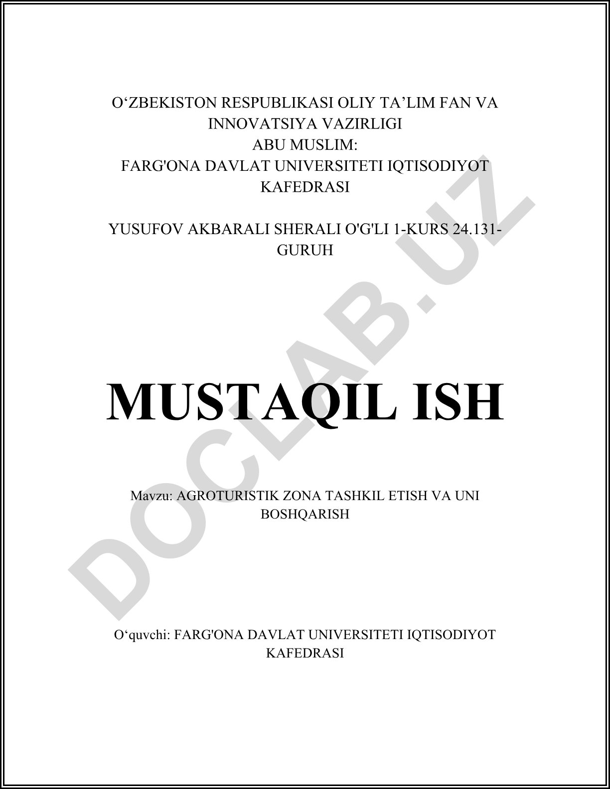 Agroturistik zona tashkil etish va uni boshqarish