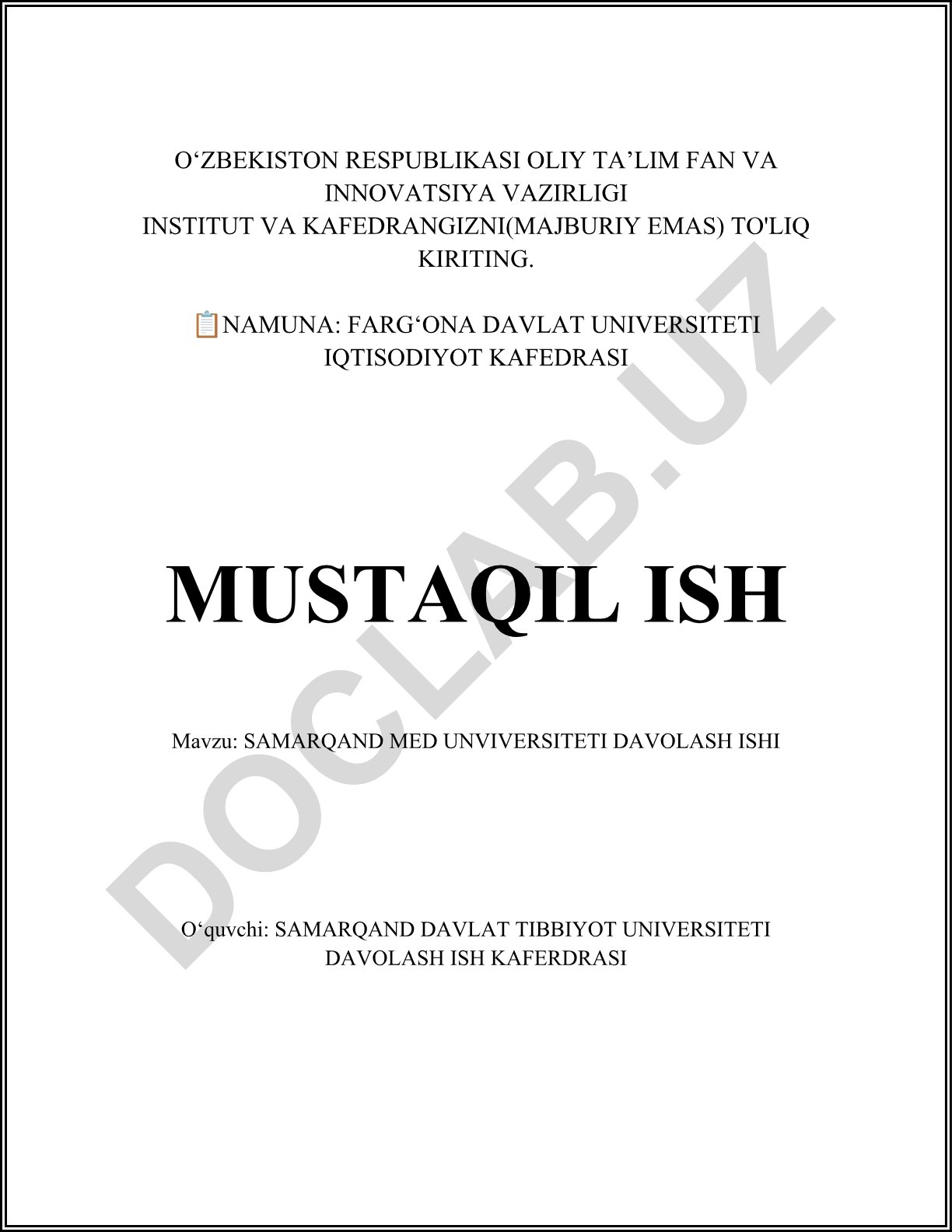 SAMARQAND MED UNVERSITETI DAVOLASH ISHI