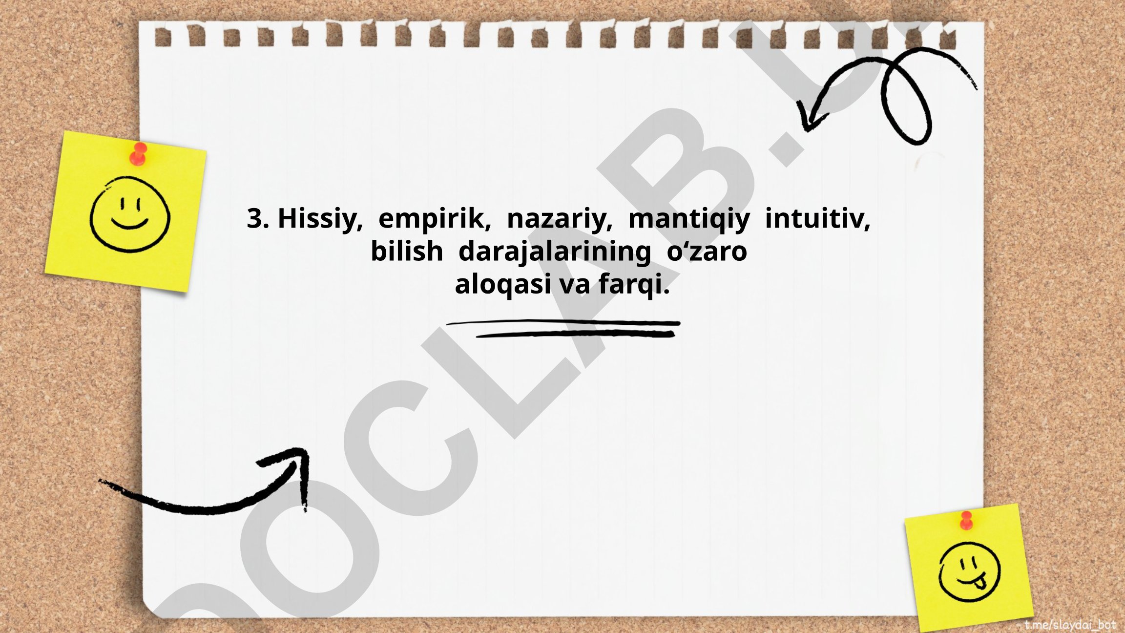 Hissiy, empirik, nazariy, mantiqiy intuitiv bilish darajalarining o'zaro aloqasi va farqi