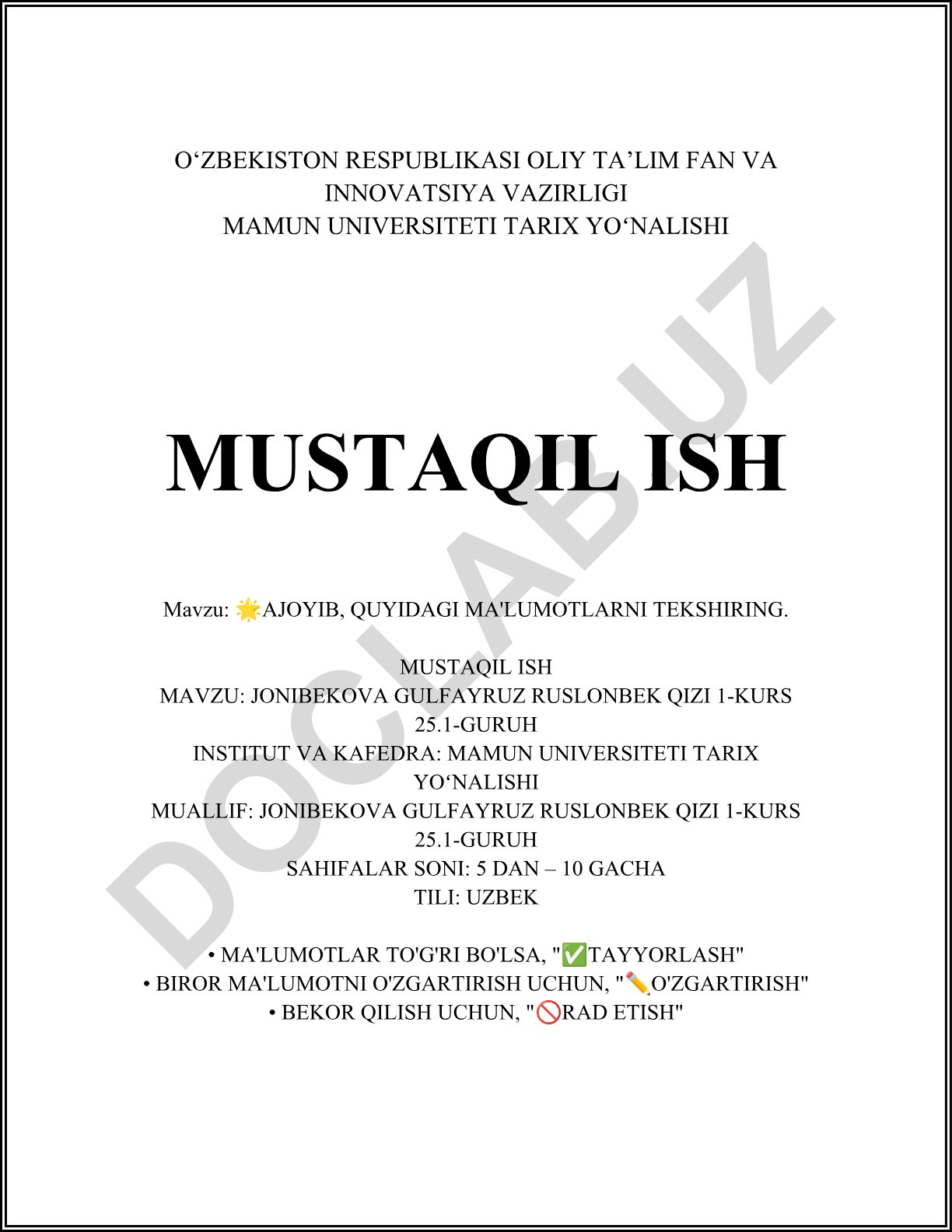 Jonibekova Gulfayruz Ruslonbek qizining mustaqil ishi