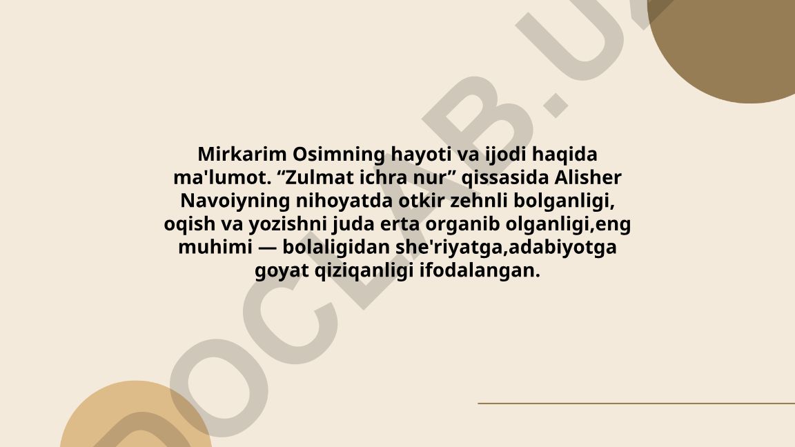Mirkarim Osimning hayoti, ijodi va 'Zulmat ichra nur' qissasi