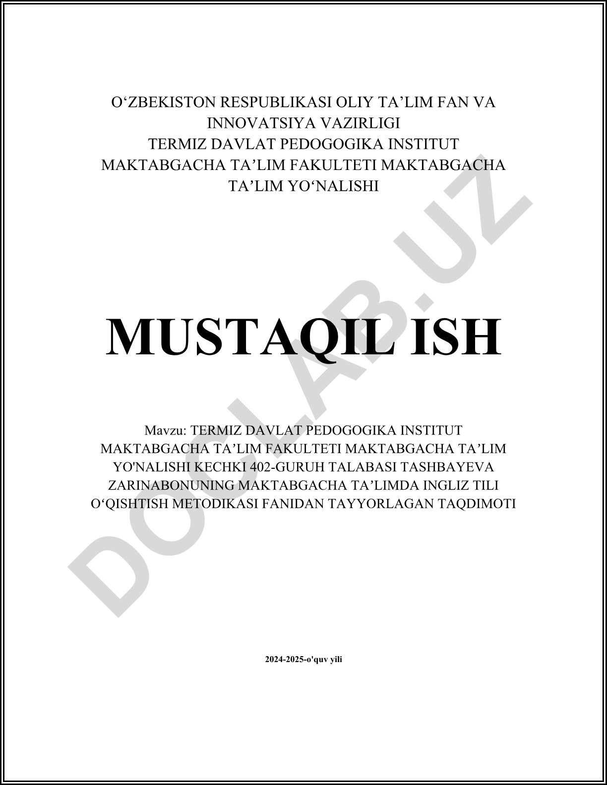 Maktabgacha ta'limda ingliz tili o'qitish metodikasi
