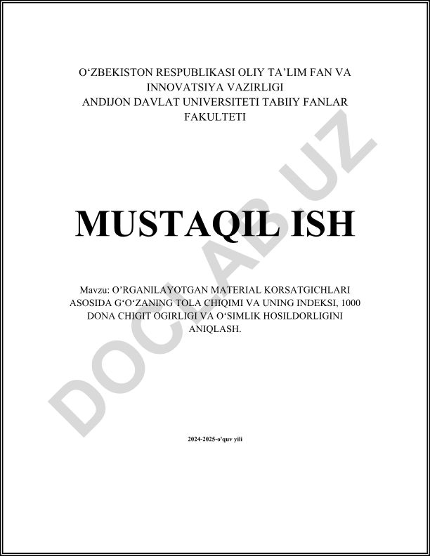 O'rganilayotgan material korsatgichlari asosida gʻoʻzaning tola chiqimi va uning indeksi, 1000 dona chigit ogʻirligi va o'simlik hosildorligini aniqlash