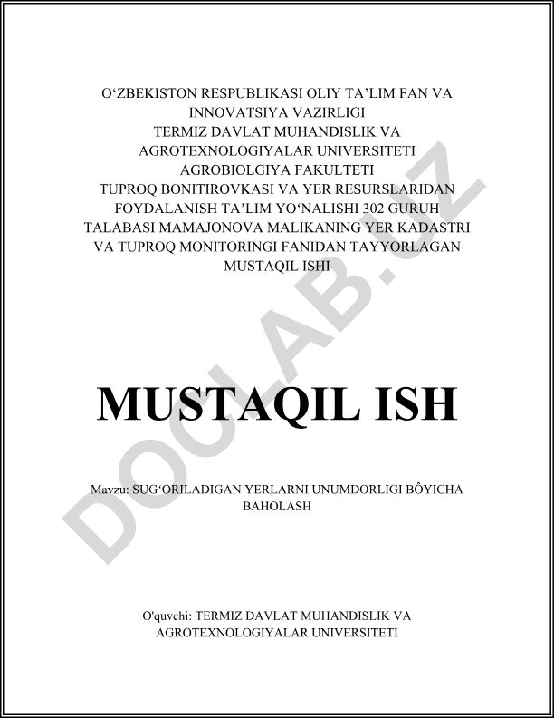 Sugʻoriladigan yerlarni unumdorligi boʻyicha baholash