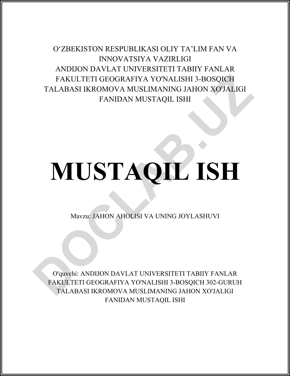 Jahon aholisi va uning joylashuvi