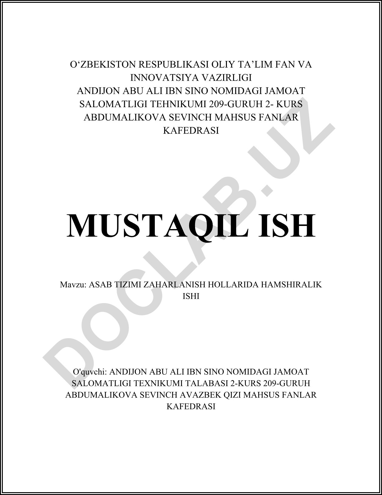 Asab tizimi zaharlanish hollarida hamshiralik ishi