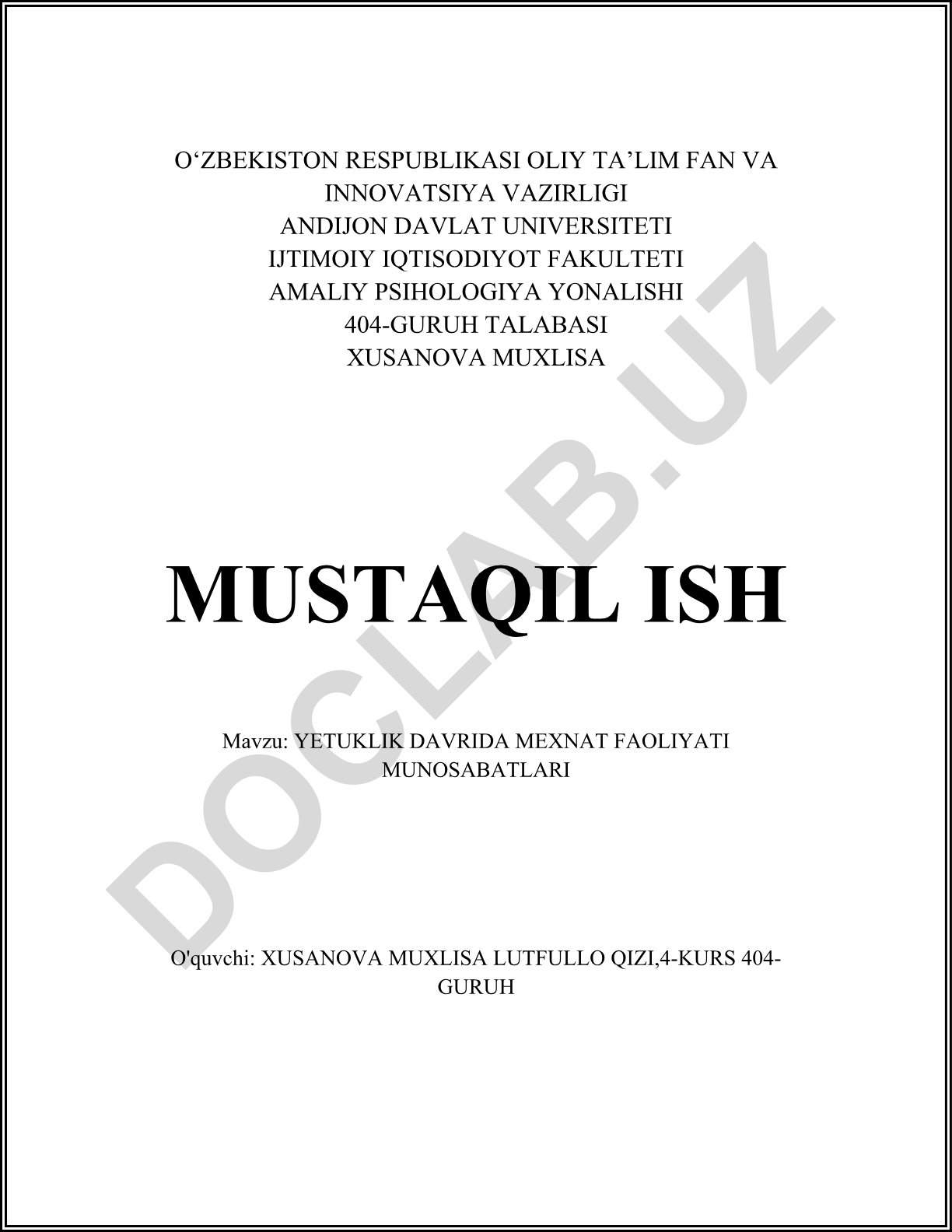 Yetuklik davrida mehnat faoliyati munosabatlari
