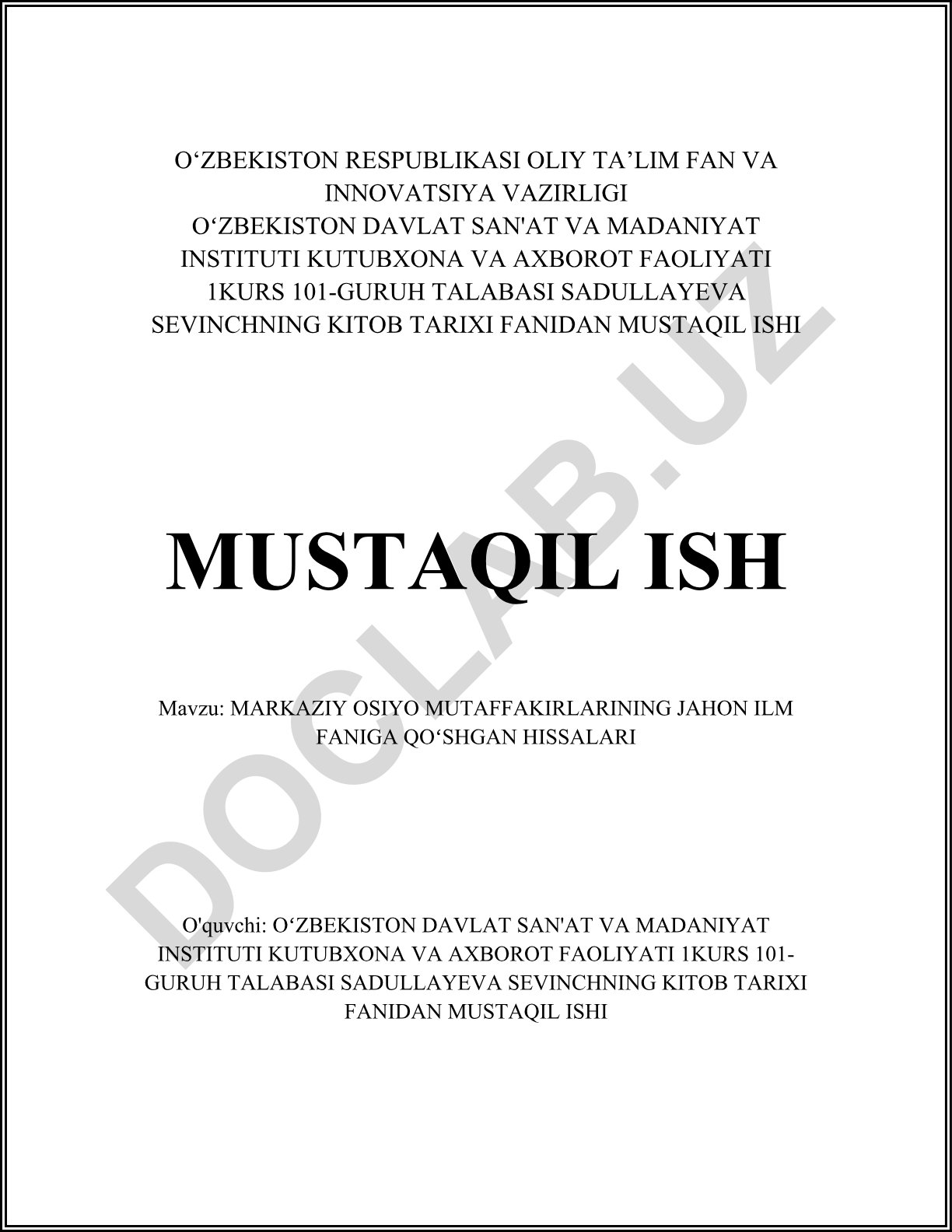Markaziy Osiyo mutafakkirlarining jahon ilm faniga qoʻshgan hissalari