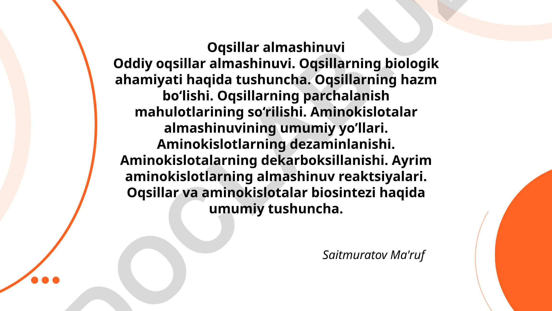 Oqsillar almashinuvi va aminokislotalar almashinuvining umumiy yo'llari
