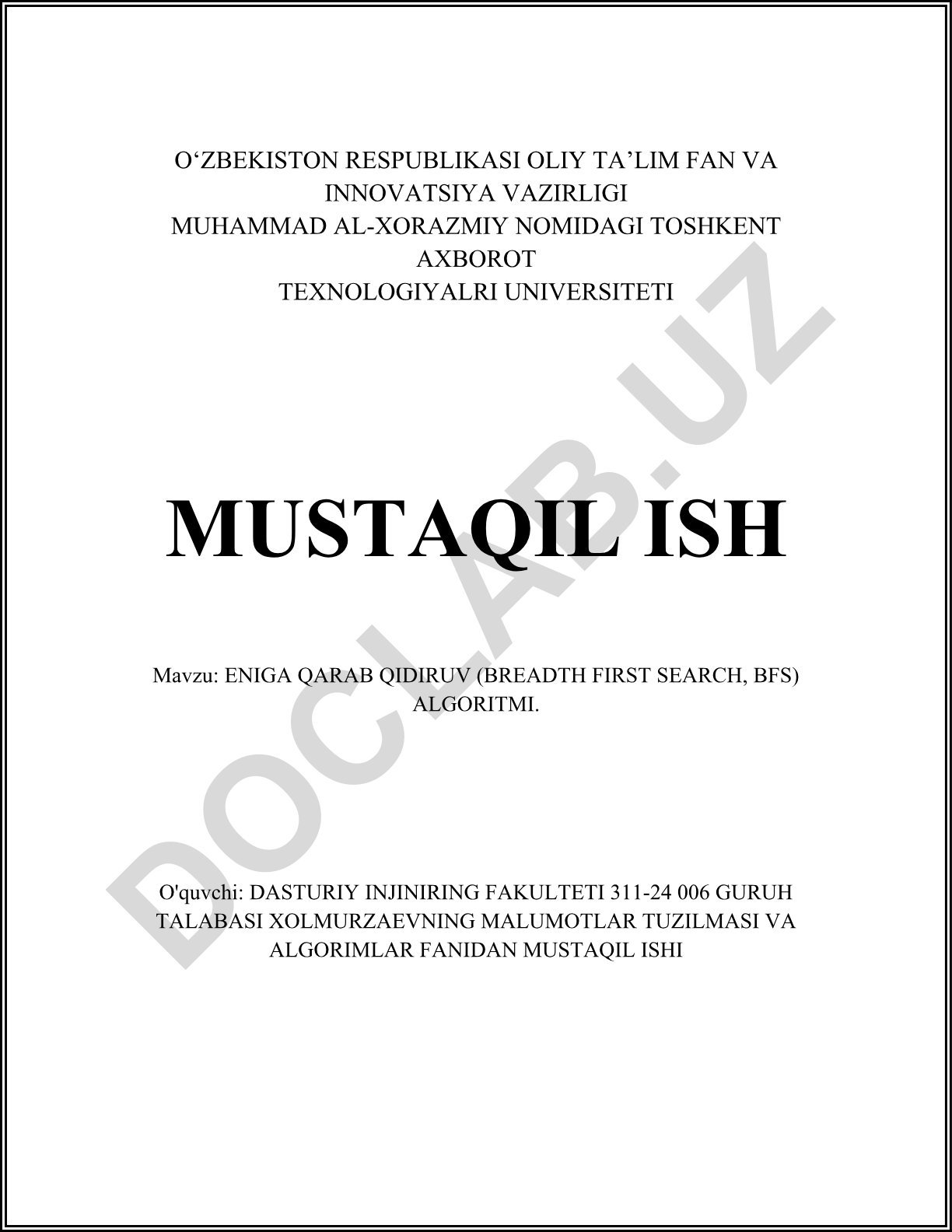 ENIGA QARAB QIDIRUV (BREADTH FIRST SEARCH, BFS) ALGORITMI