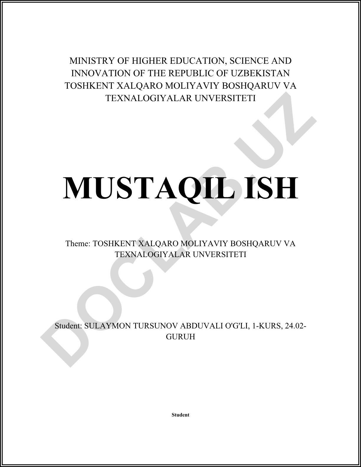 TOSHKENT XALQARO MOLIYAVIY BOSHQARUV VA TEXNALOGIYALAR UNVERSITETI