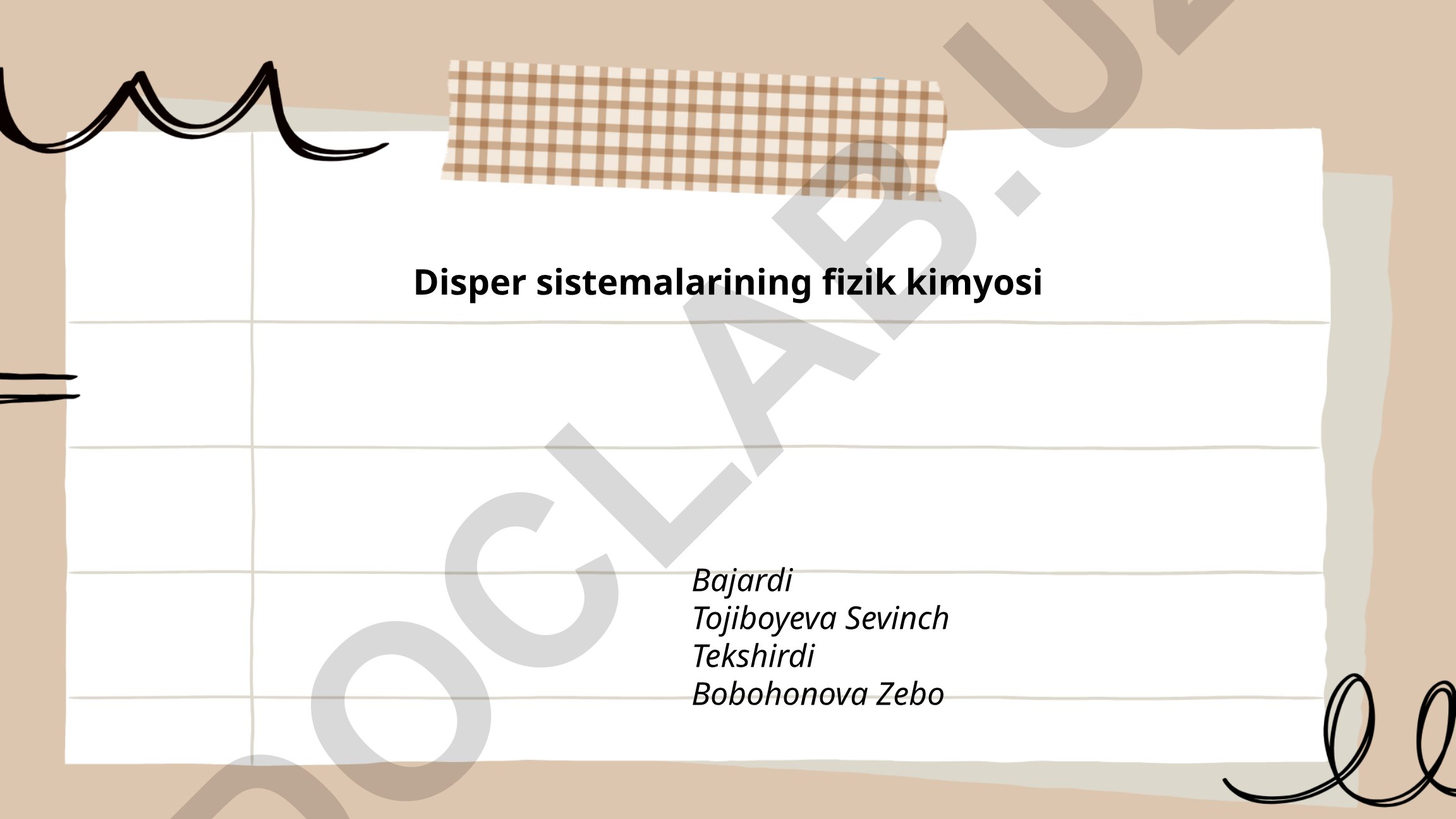 Dispers tizimlarning tasnifi va kolloid eritmalar asoslari