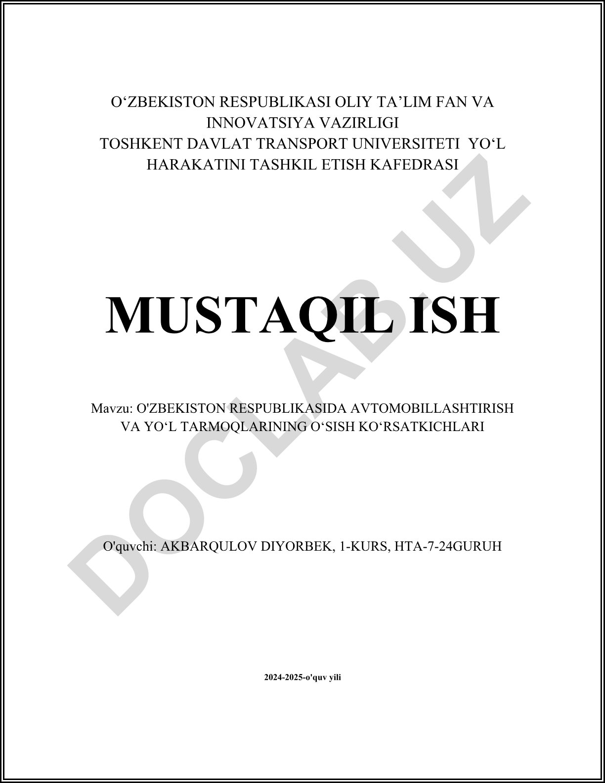 O'zbekiston Respublikasida avtomobillashtirish va yo'l tarmoqlarining o'sish ko'rsatkichlari